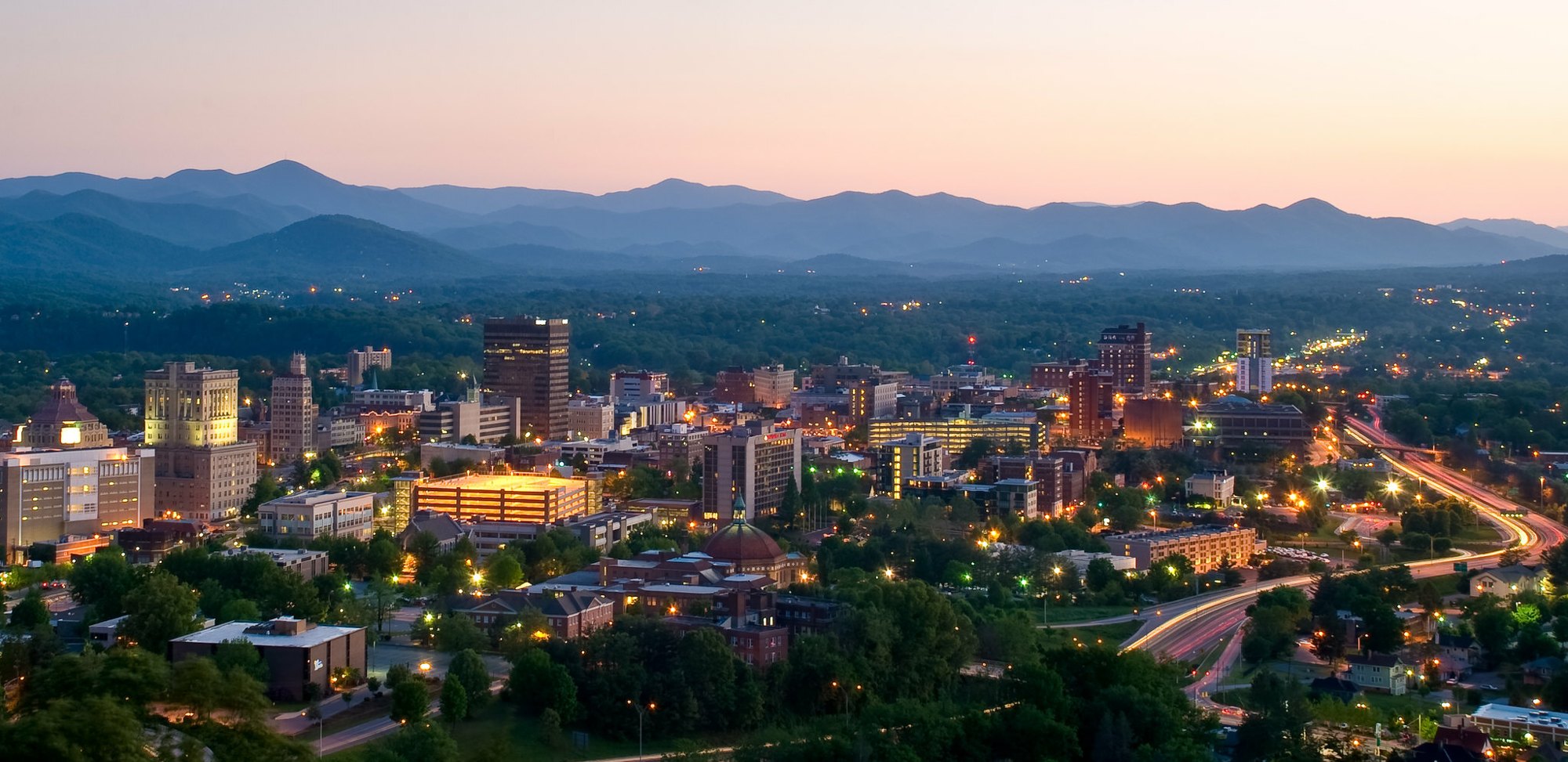 Downtown Asheville at dusk