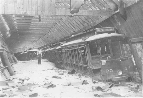 Streetcar barn at Riverside Park Asheville after Great Flood of 1916